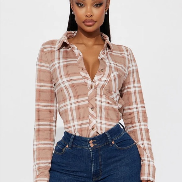 Fashion Nova Tops - Fashion Nova Tan Plaid Button-Down Shirt Journee Plaid Shirt - Taupe/combo